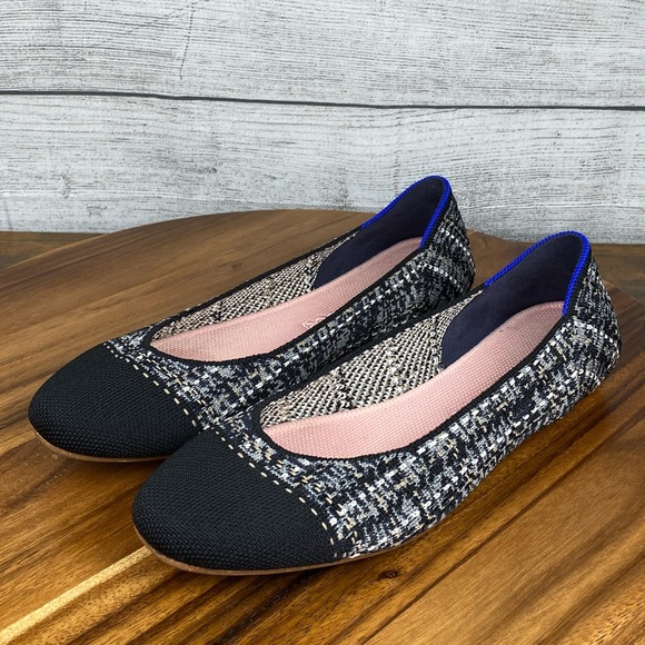 Rothy’s The Flat Tweed Round Toe Black White Cap Toe Women’s Shoe Size 8.5 - Picture 1 of 10